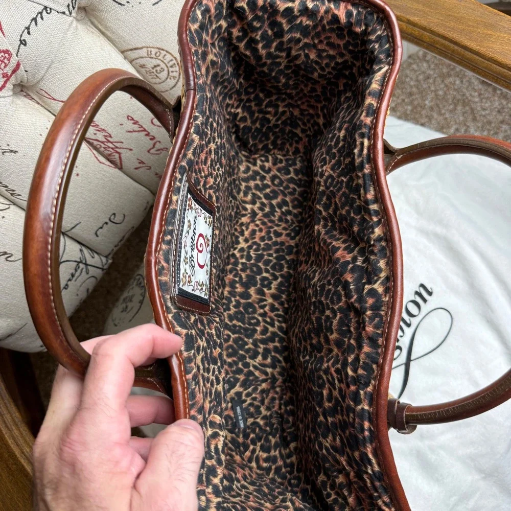 Brighton Straw Tote Bag Woven Heart Leather Trim Leopard Lining Brown Cream